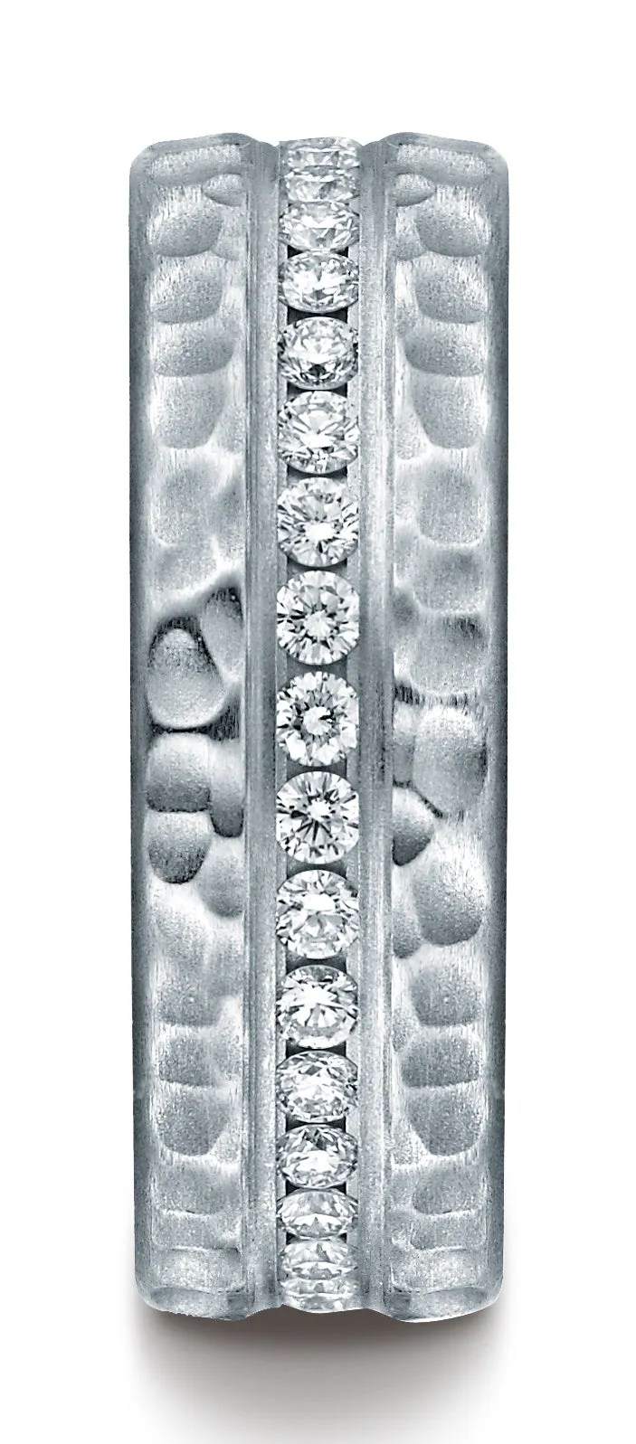 Benchmark 14K White Gold 7.5mm Hammered Finish Pave-set Diamond Comfort-Fit Wedding Band Ring (0.4 ct.)