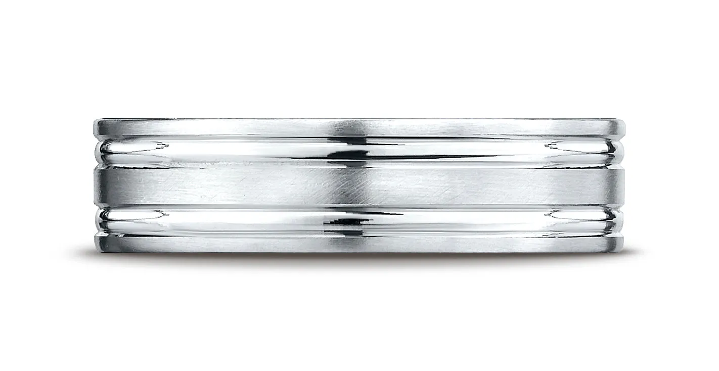 Benchmark 18K White Gold 6mm Comfort-Fit Satin-Finished with Parallel Grooves Carved Design Wedding Band