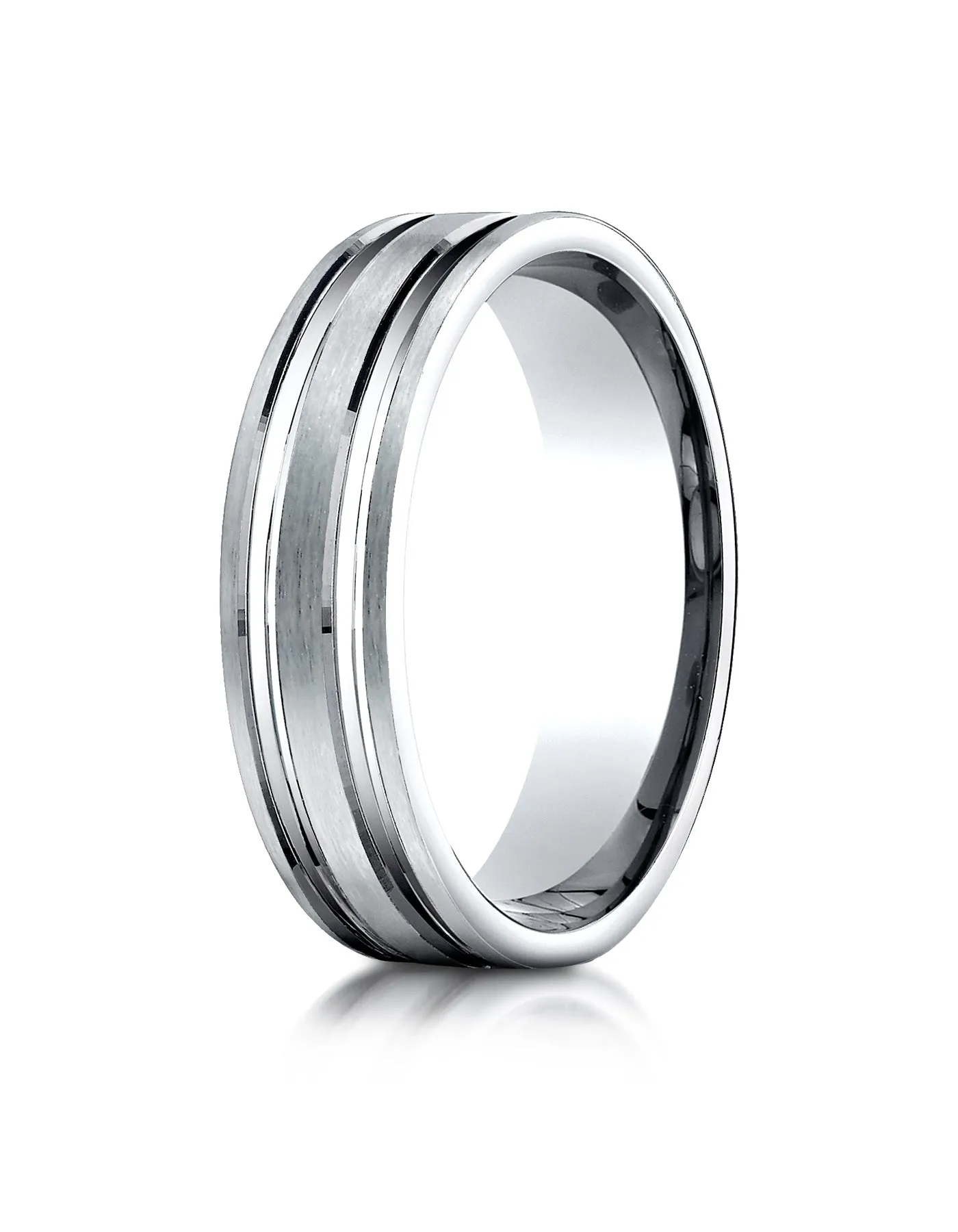 Benchmark 18K White Gold 6mm Comfort-Fit Satin-Finished with Parallel Grooves Carved Design Wedding Band