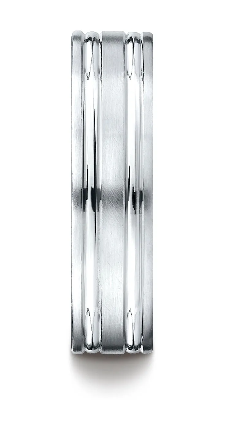 Benchmark 18K White Gold 6mm Comfort-Fit Satin-Finished with Parallel Grooves Carved Design Wedding Band