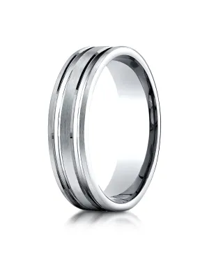 Benchmark 18K White Gold 6mm Comfort-Fit Satin-Finished with Parallel Grooves Carved Design Wedding Band