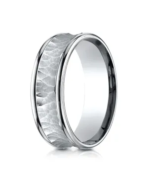 Benchmark 18K White Gold 7.5mm Comfort-Fit Hammered Finish Concave Center Design Wedding Band Ring