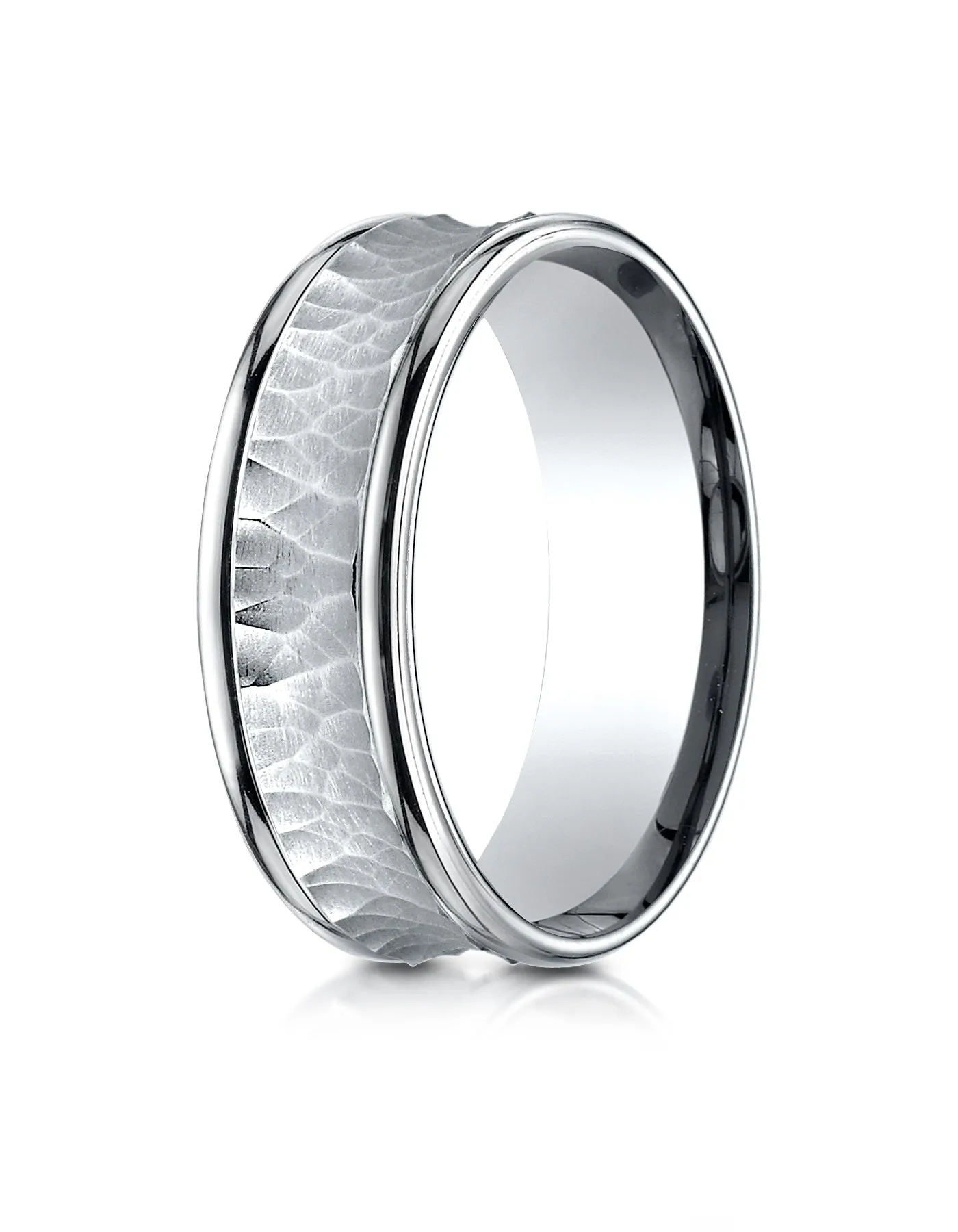 Benchmark 18K White Gold 7.5mm Comfort-Fit Hammered Finish Concave Center Design Wedding Band Ring