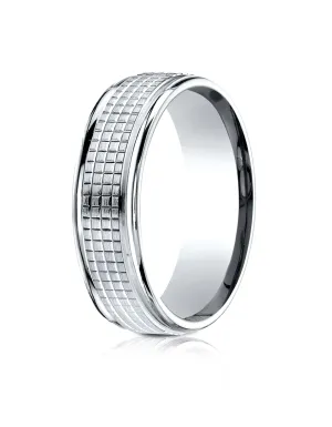 Benchmark 18k White Gold 7mm Comfort-Fit High Polish Round Edge Cross Hatch Center Design Band,(Size 4-15)