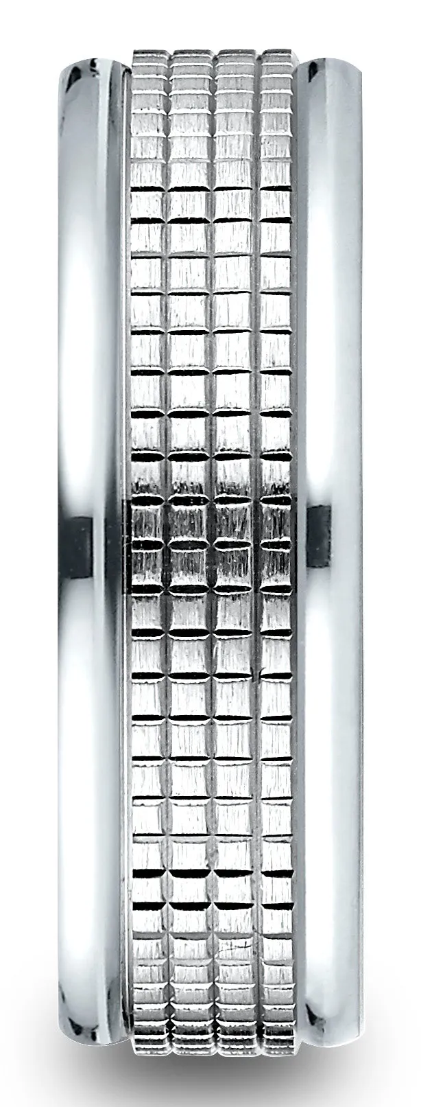 Benchmark 18k White Gold 7mm Comfort-Fit High Polish Round Edge Cross Hatch Center Design Band,(Size 4-15)