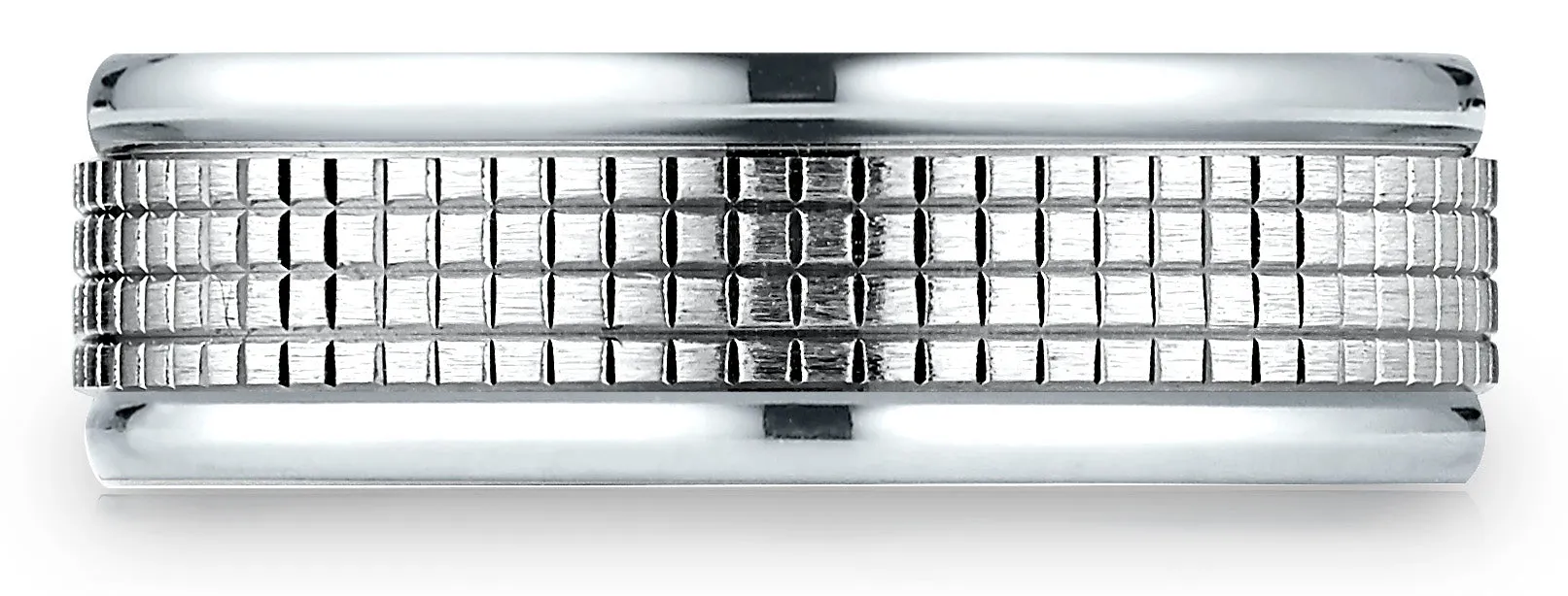Benchmark 18k White Gold 7mm Comfort-Fit High Polish Round Edge Cross Hatch Center Design Band,(Size 4-15)