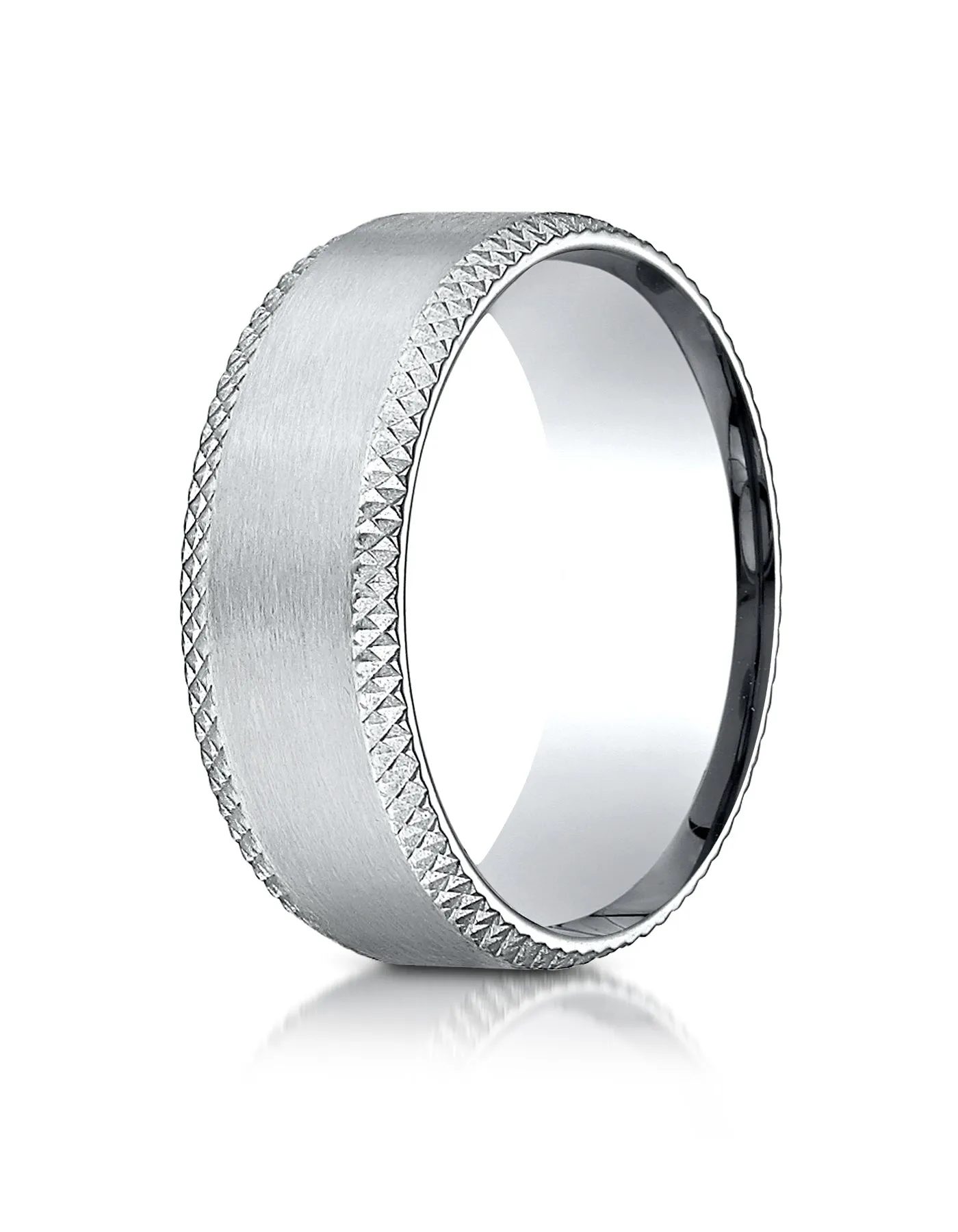 Benchmark 18K White Gold 8mm Comfort-Fit with Cross Hatched Beveled Edge Carved Design Wedding Band Ring