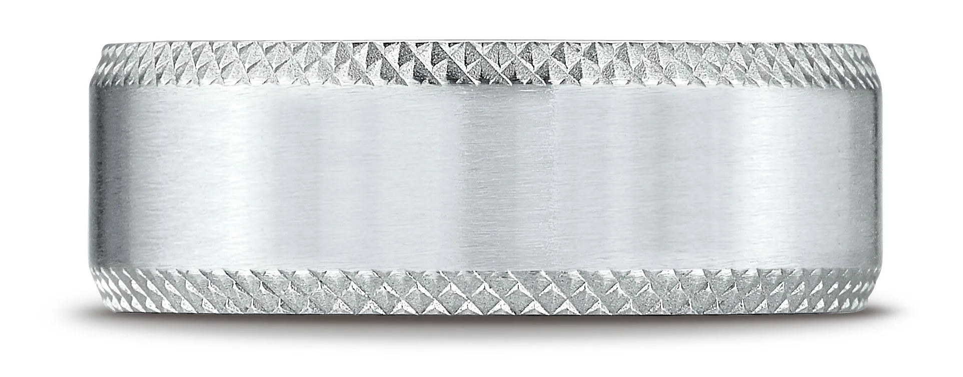 Benchmark 18K White Gold 8mm Comfort-Fit with Cross Hatched Beveled Edge Carved Design Wedding Band Ring