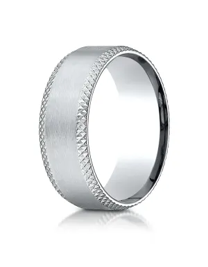 Benchmark 18K White Gold 8mm Comfort-Fit with Cross Hatched Beveled Edge Carved Design Wedding Band Ring
