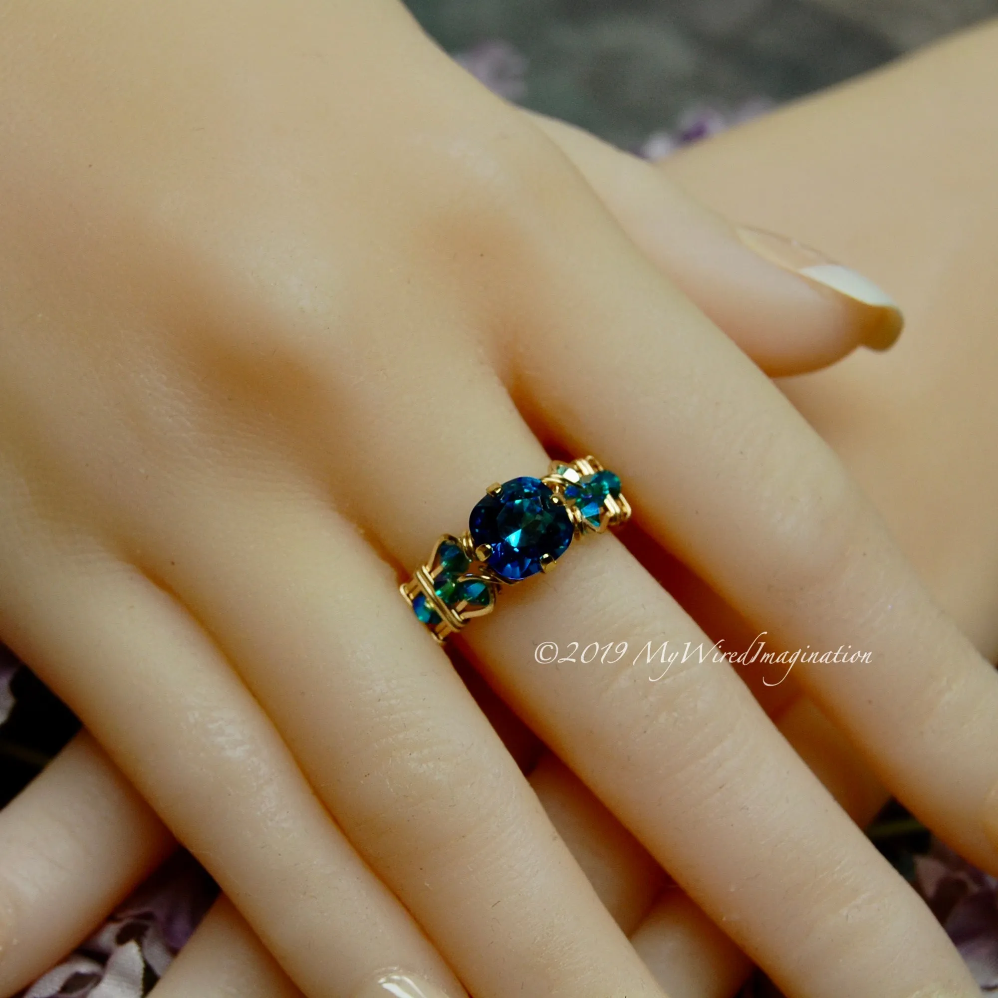 Bermuda Blue, Vintage Swarovski Crystal Handmade Ring, 14K GF, US Size 7.5