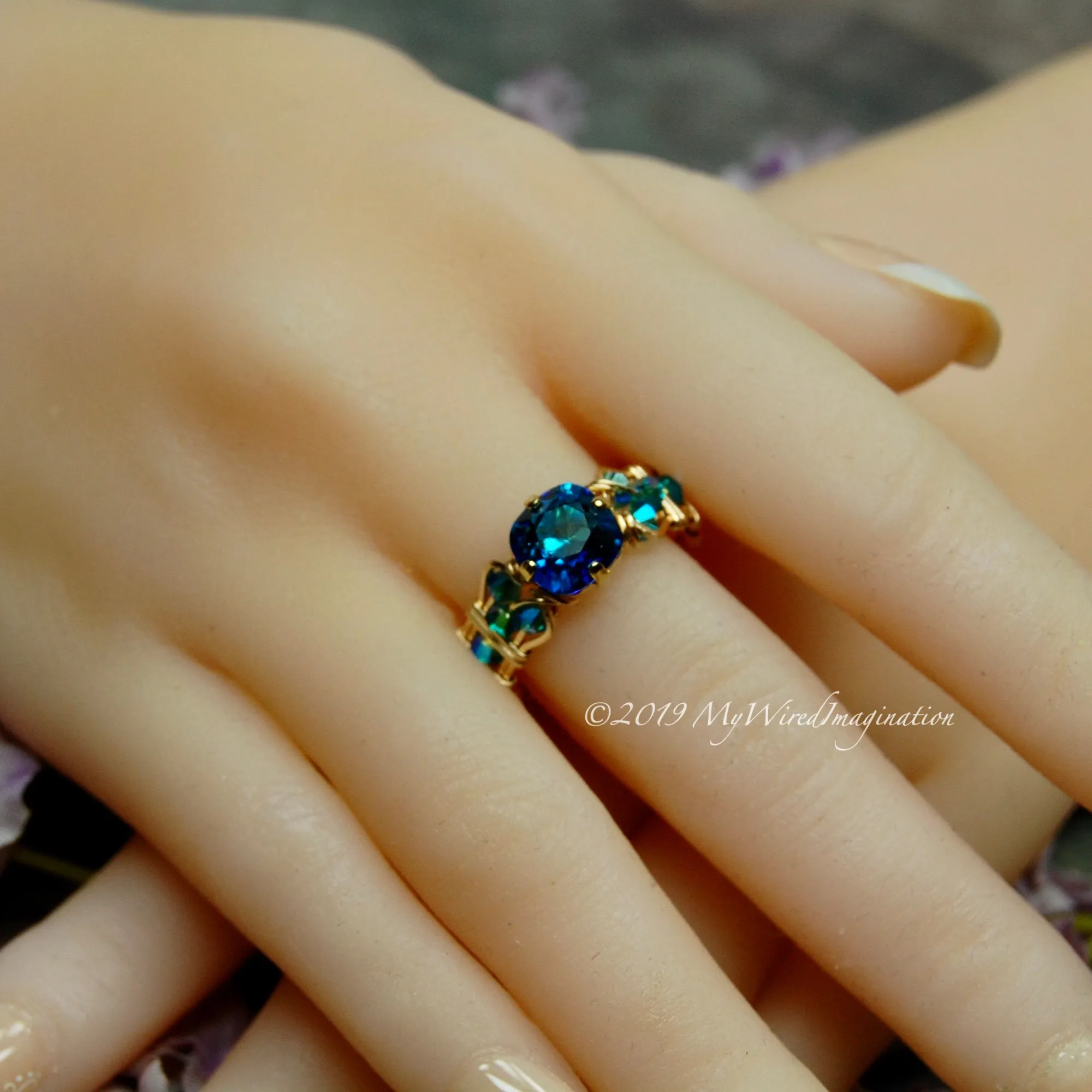 Bermuda Blue, Vintage Swarovski Crystal Handmade Ring, 14K GF, US Size 7.5