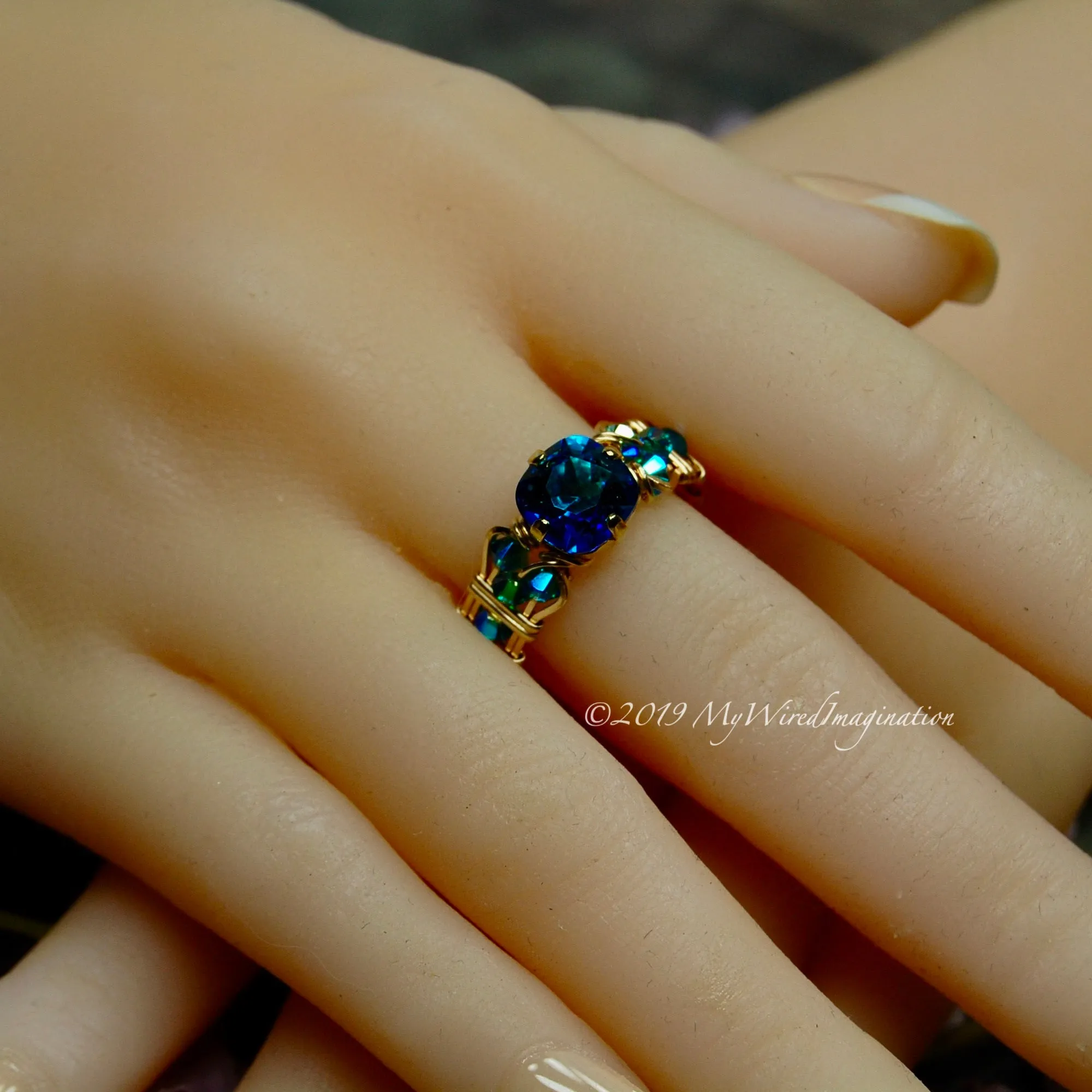 Bermuda Blue, Vintage Swarovski Crystal Handmade Ring, 14K GF, US Size 7.5