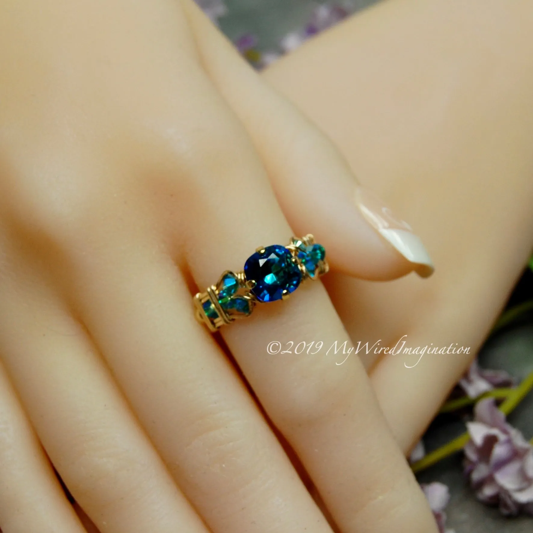 Bermuda Blue, Vintage Swarovski Crystal Handmade Ring, 14K GF, US Size 7.5