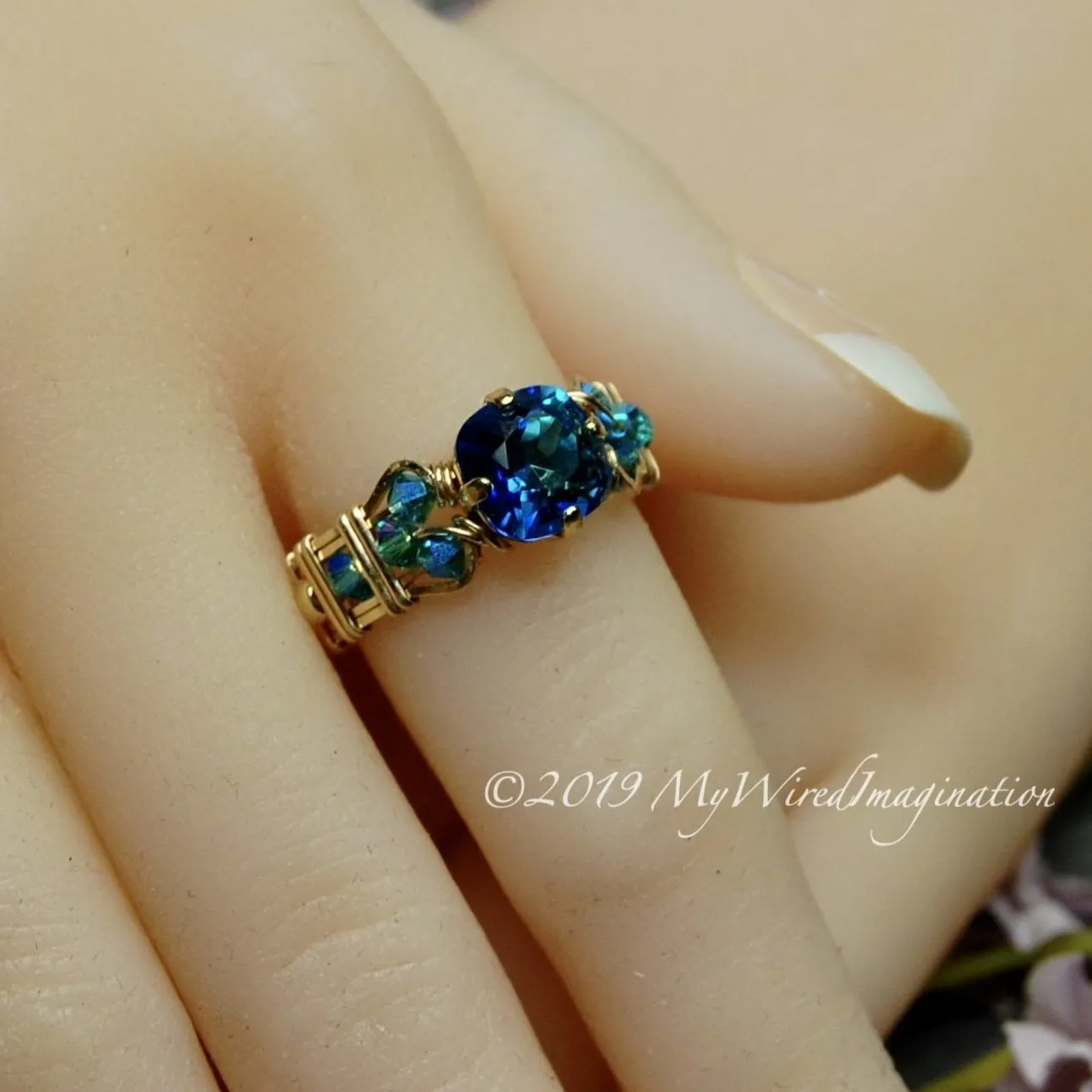 Bermuda Blue, Vintage Swarovski Crystal Handmade Ring, 14K GF, US Size 7.5