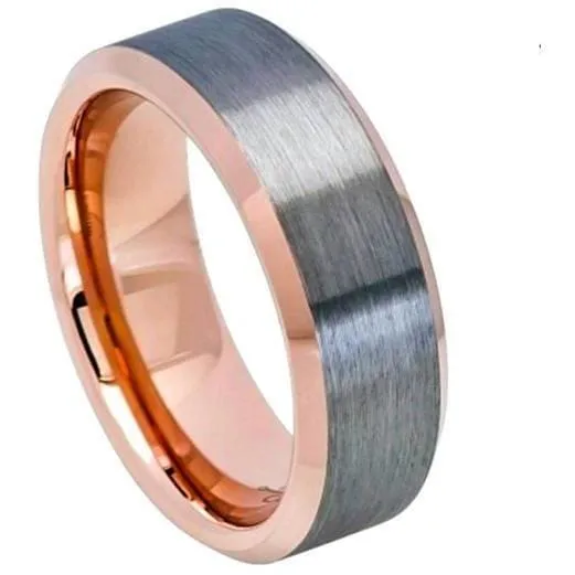 Beveled Two-Tone Rose Gold Tungsten Wedding Ring With Brushed Gun Metal Finish - 8mm