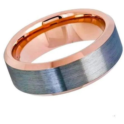 Beveled Two-Tone Rose Gold Tungsten Wedding Ring With Brushed Gun Metal Finish - 8mm