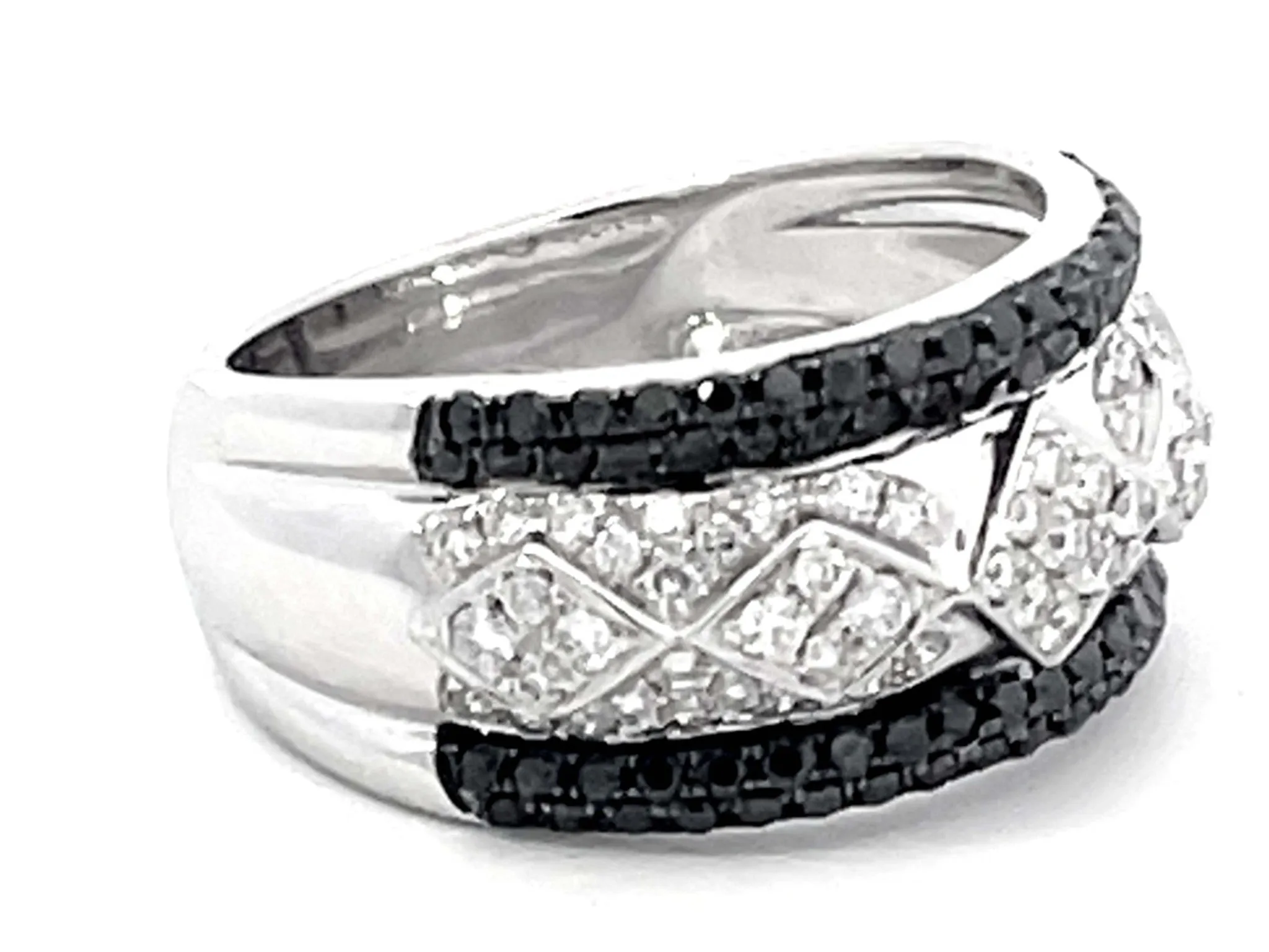 Black and White Diamond Wide Band Ring 18k White Gold