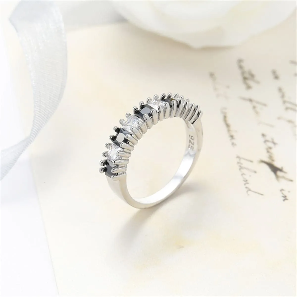 Black Crystal Princess-Cut Line Ring