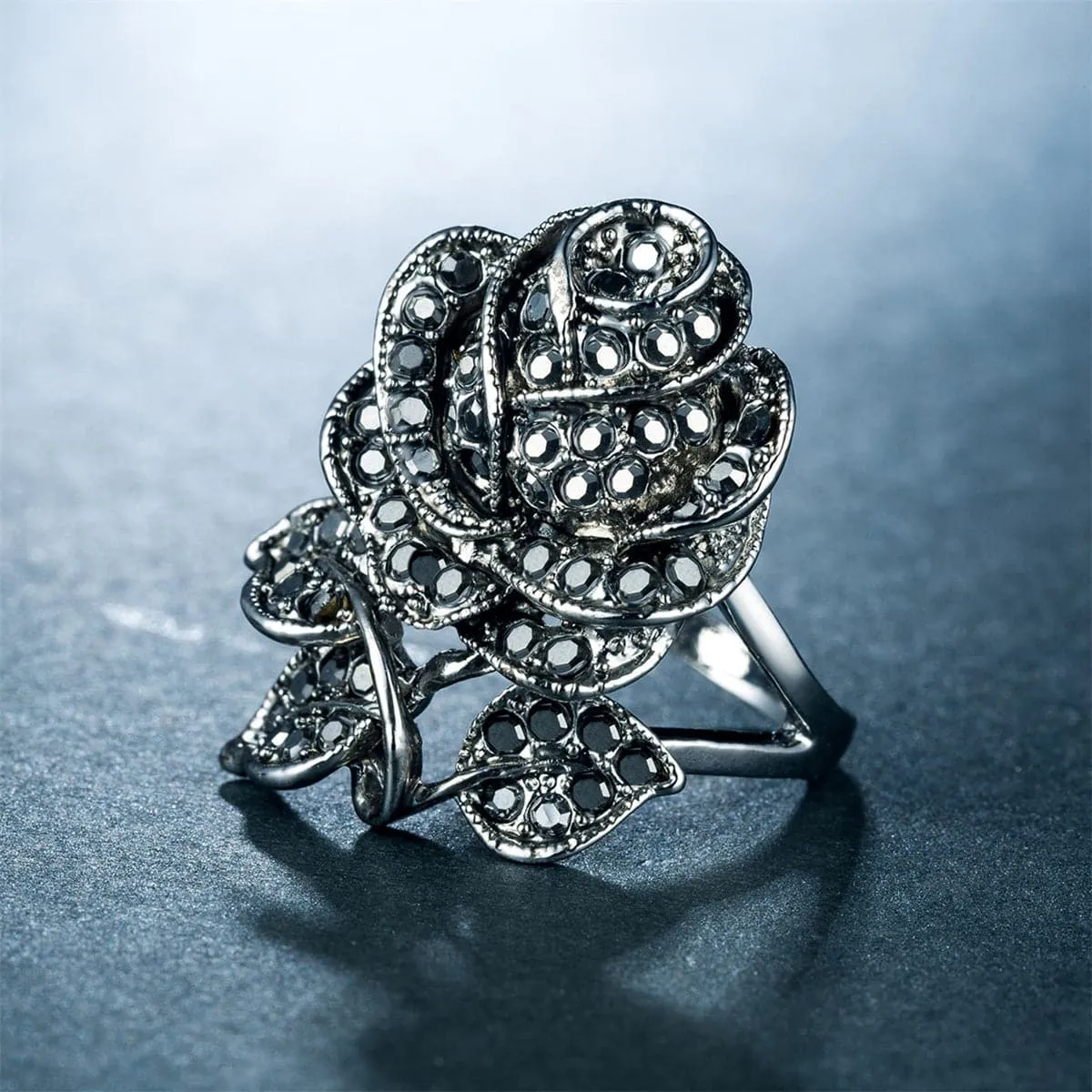 Black Cubic Zirconia & Silver-Plated Rose Ring