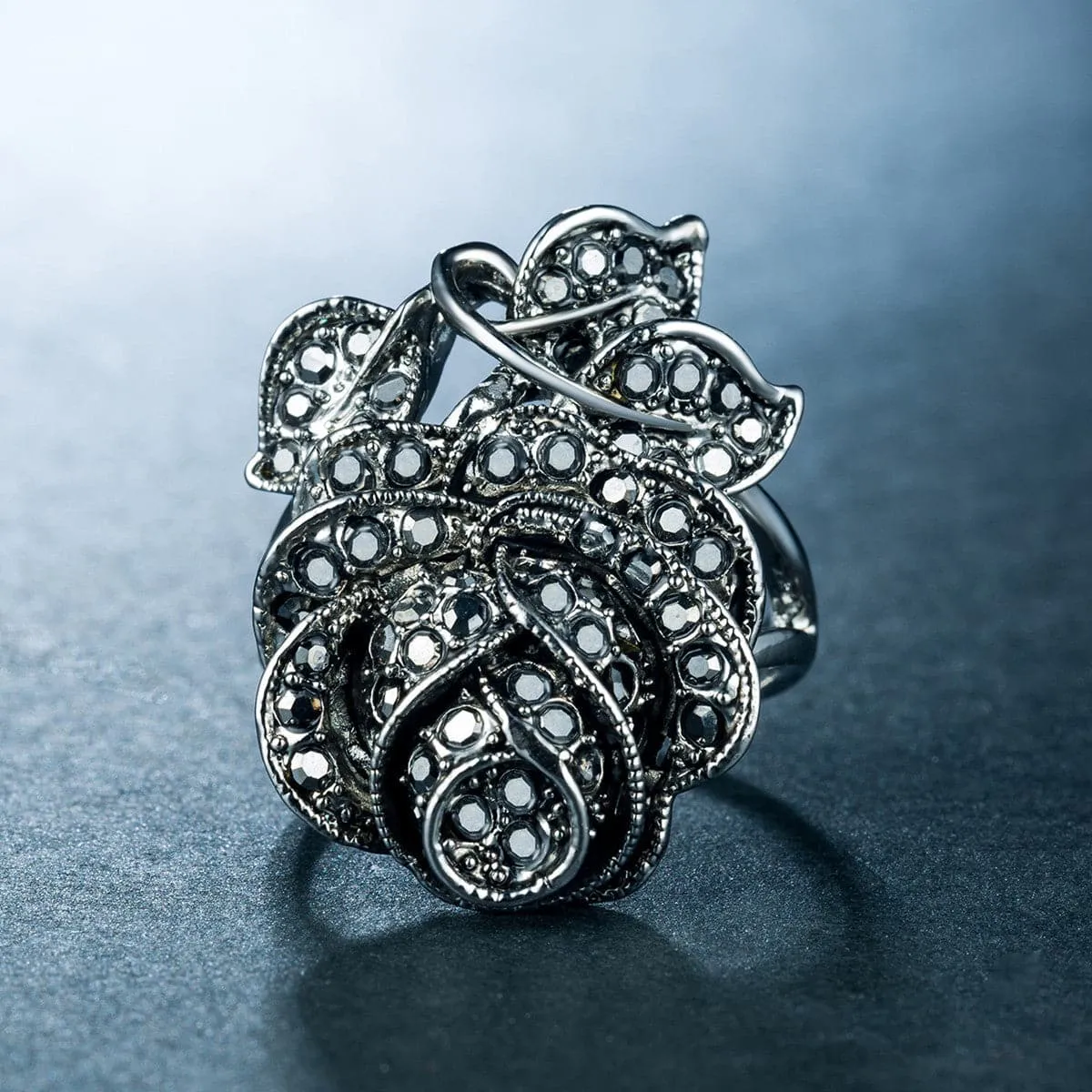 Black Cubic Zirconia & Silver-Plated Rose Ring