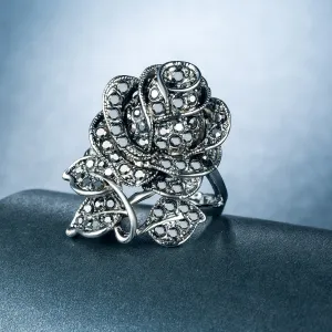 Black Cubic Zirconia & Silver-Plated Rose Ring