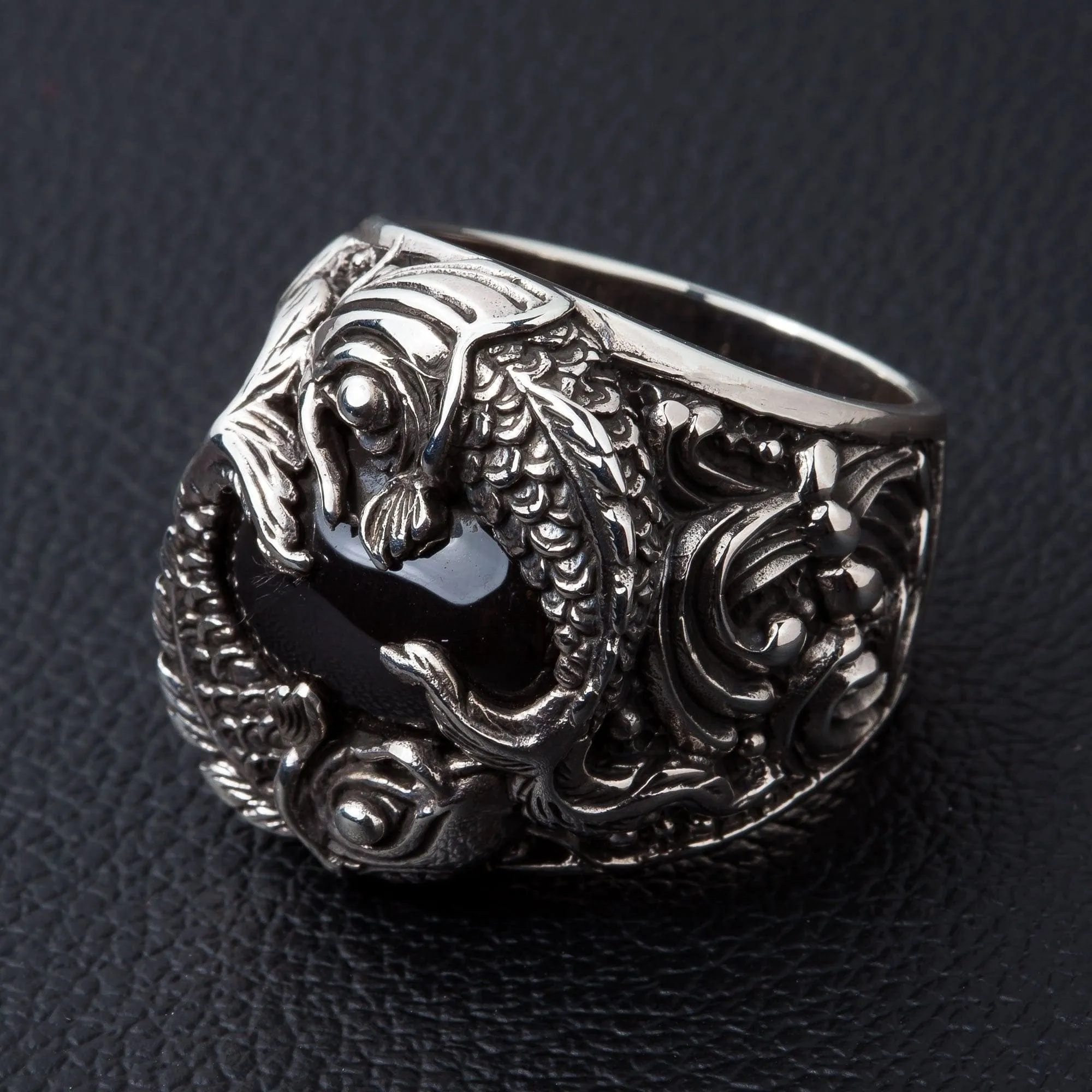 Black Onyx Japanese Koi Sterling Silver Gothic Ring