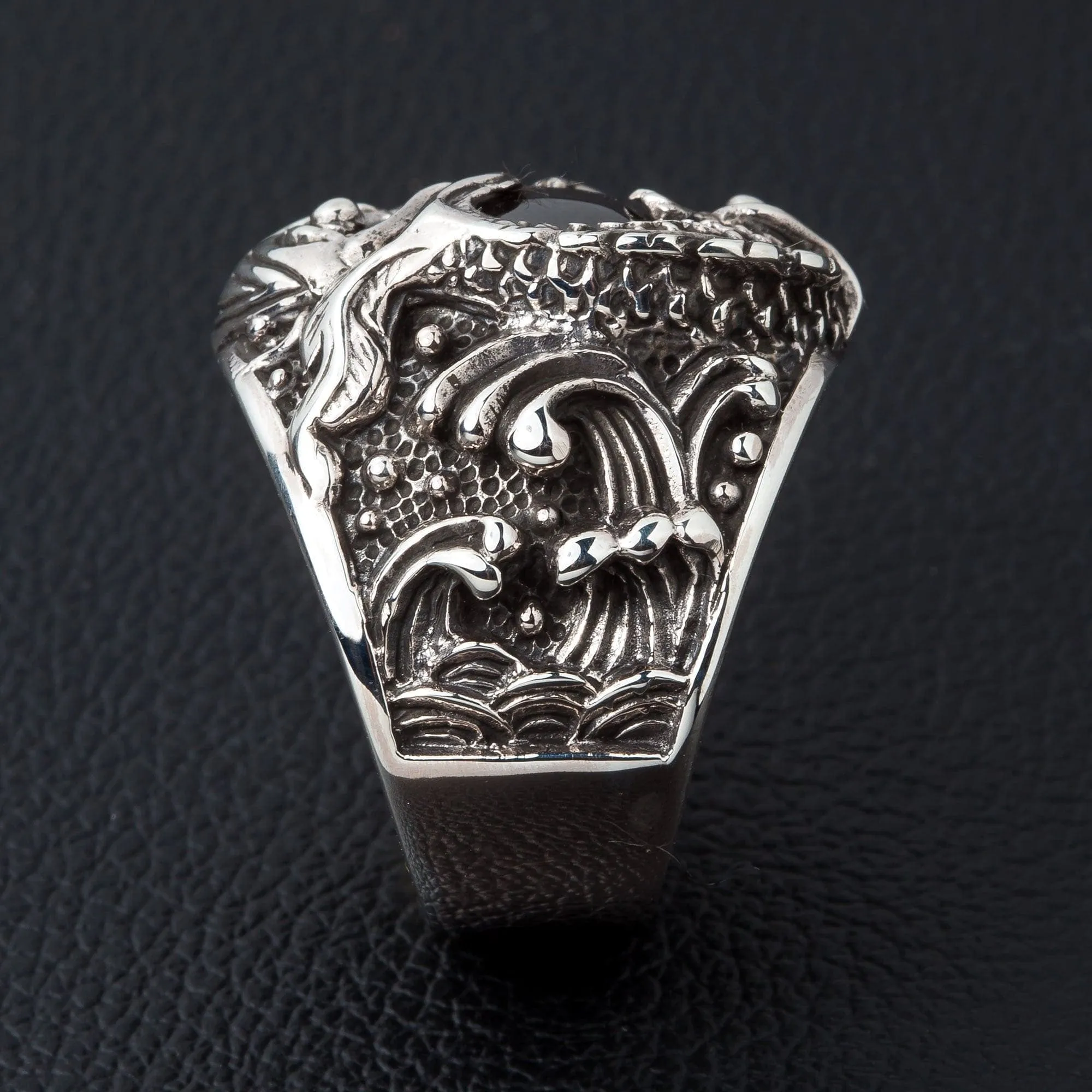 Black Onyx Japanese Koi Sterling Silver Gothic Ring