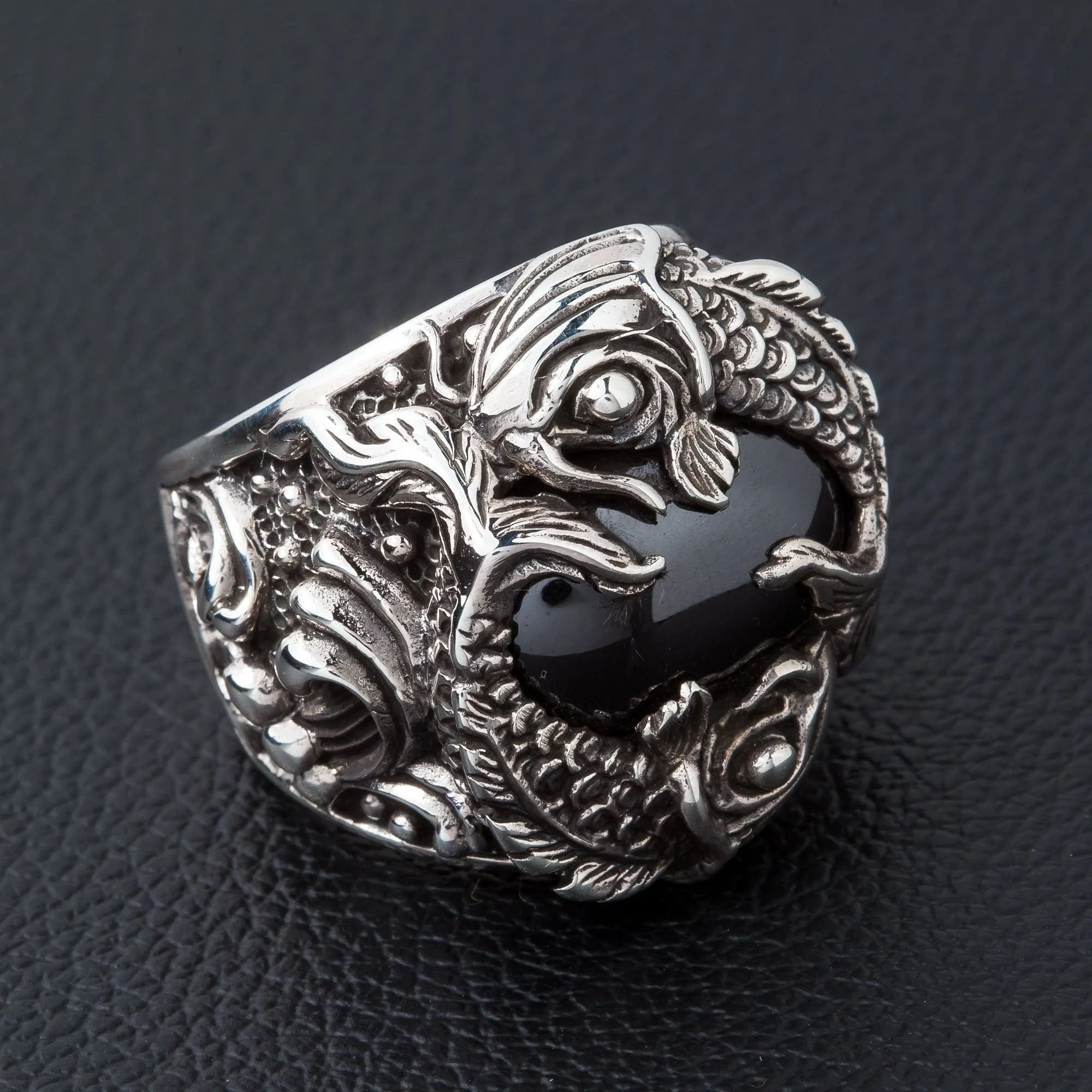 Black Onyx Japanese Koi Sterling Silver Gothic Ring