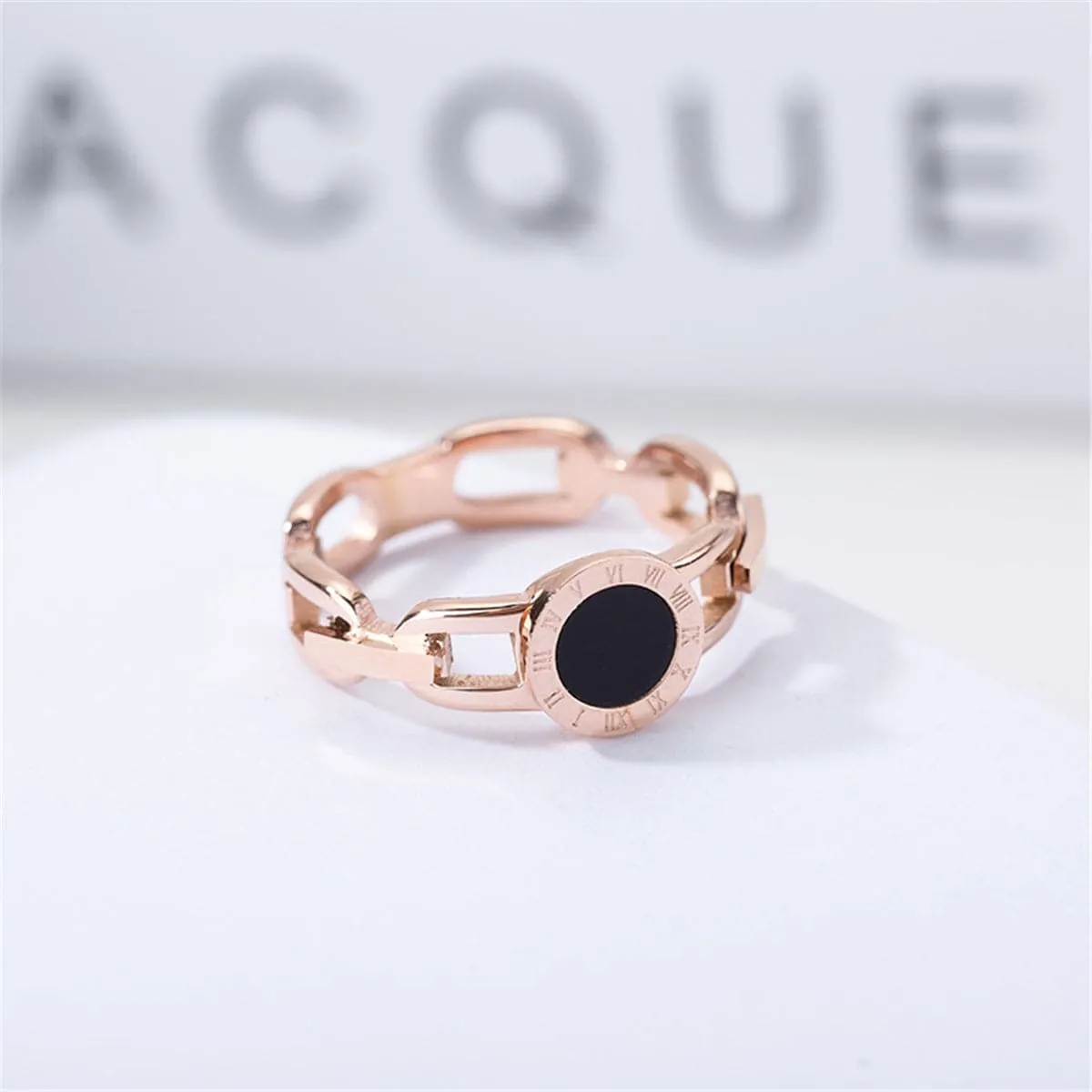 Black Shell & 18K Rose Gold-Plated Link Roman Numeral Ring