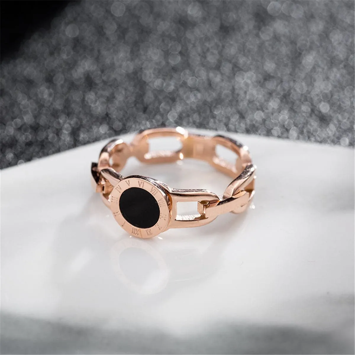 Black Shell & 18K Rose Gold-Plated Link Roman Numeral Ring