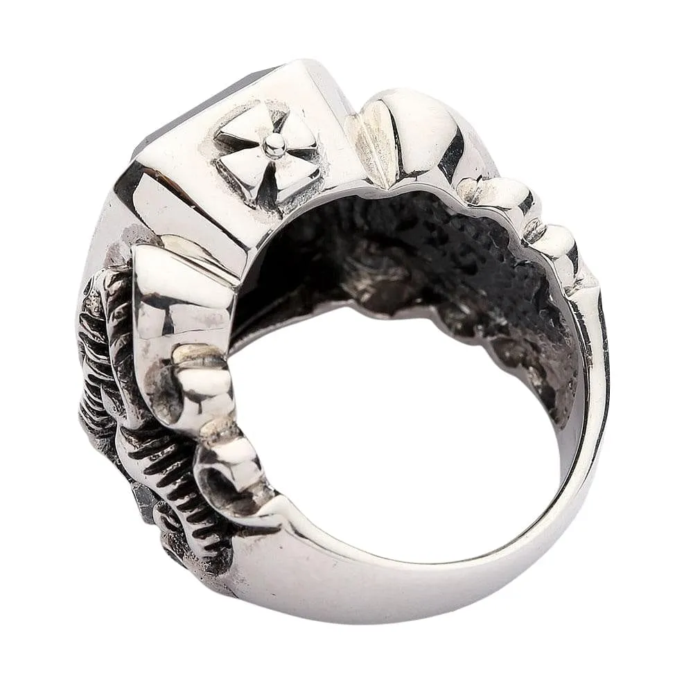 Black Stone Scottish Rampant Lion Sterling Silver Men's Ring