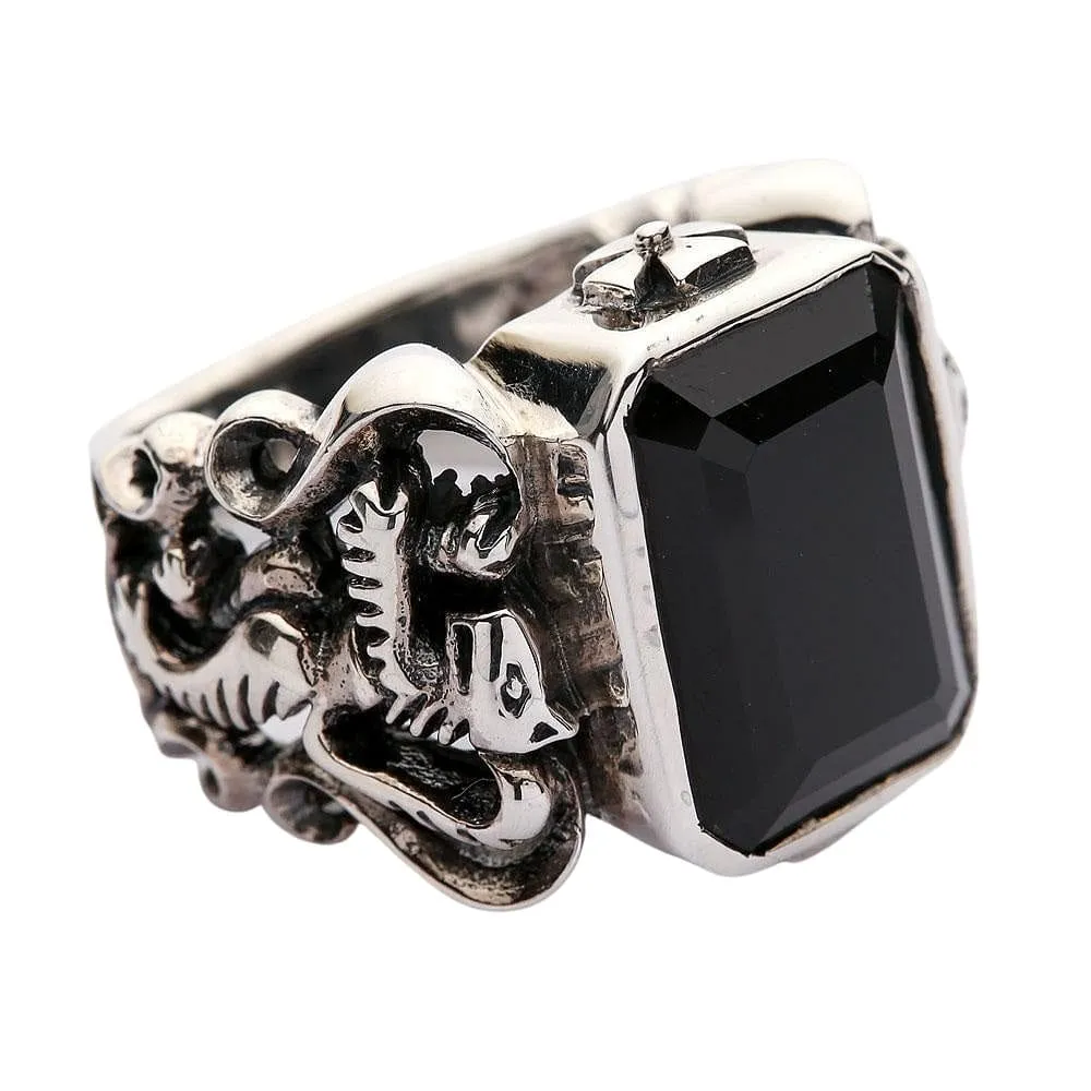 Black Stone Scottish Rampant Lion Sterling Silver Men's Ring