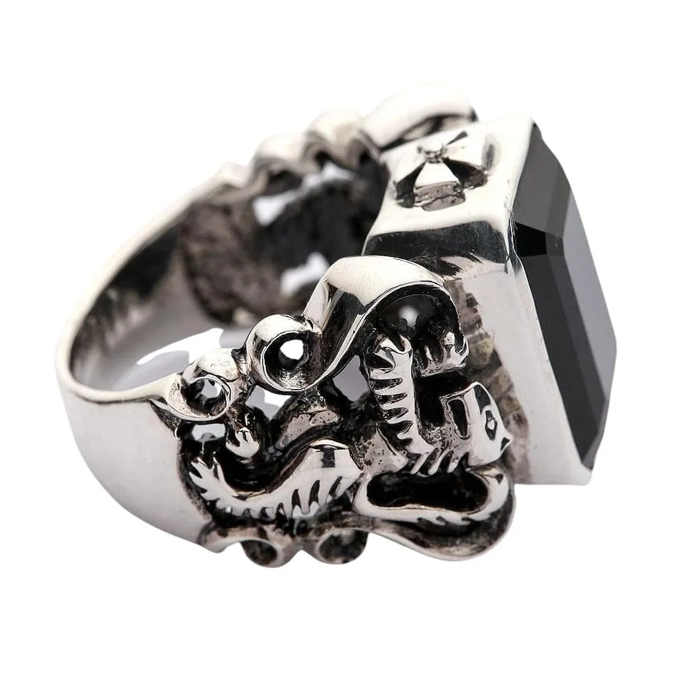 Black Stone Scottish Rampant Lion Sterling Silver Men's Ring