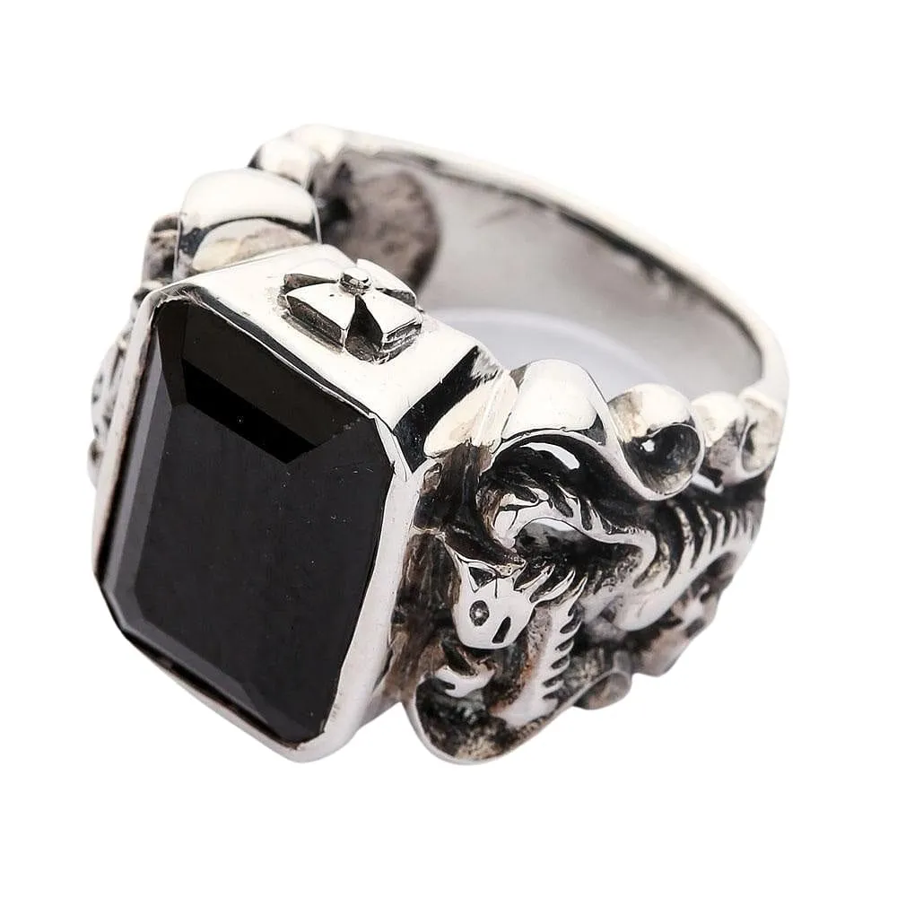 Black Stone Scottish Rampant Lion Sterling Silver Men's Ring