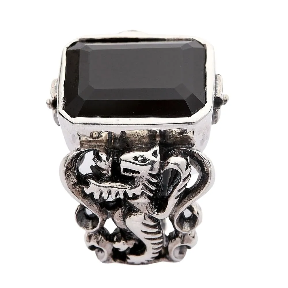 Black Stone Scottish Rampant Lion Sterling Silver Men's Ring