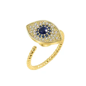 Blue Crystal & Cubic Zirconia 18K Gold-Plated Rotating Eye Open Ring