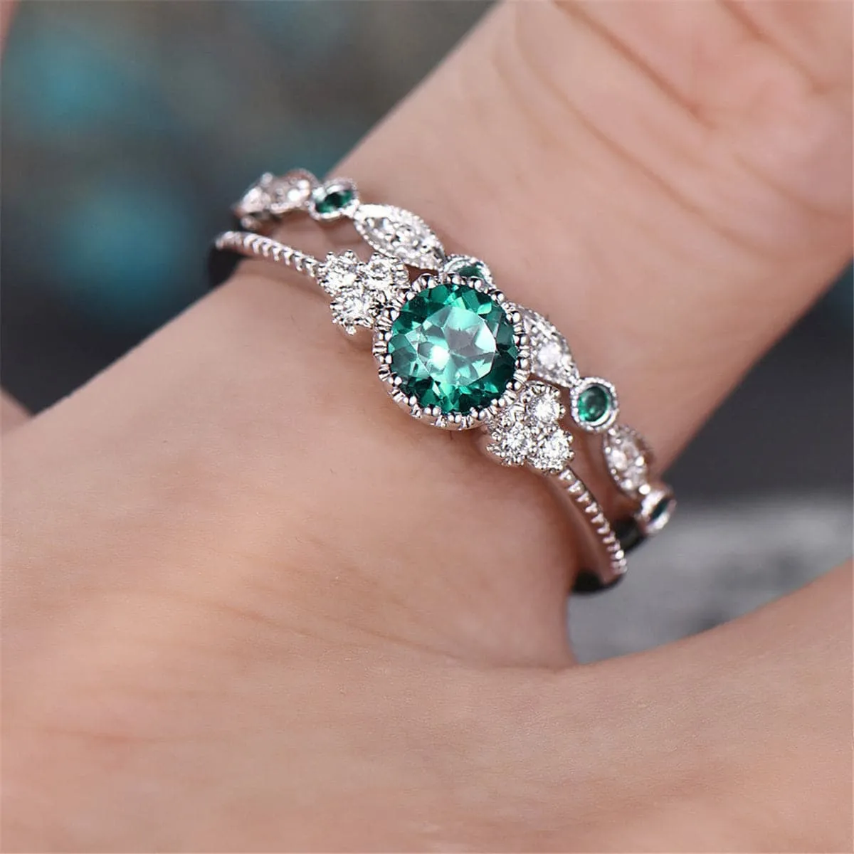 Blue Crystal & Cubic Zirconia Bezel Ring Set
