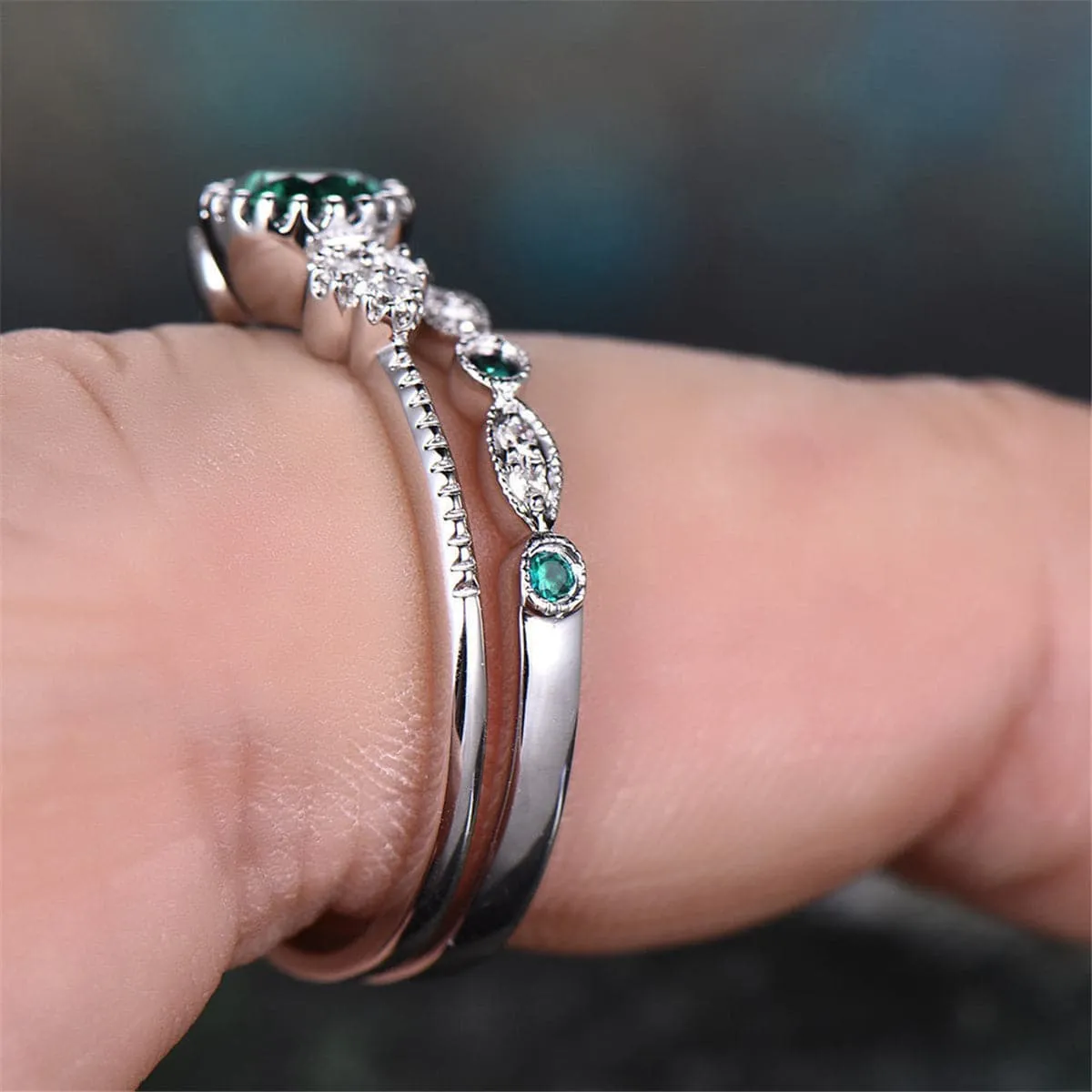 Blue Crystal & Cubic Zirconia Bezel Ring Set