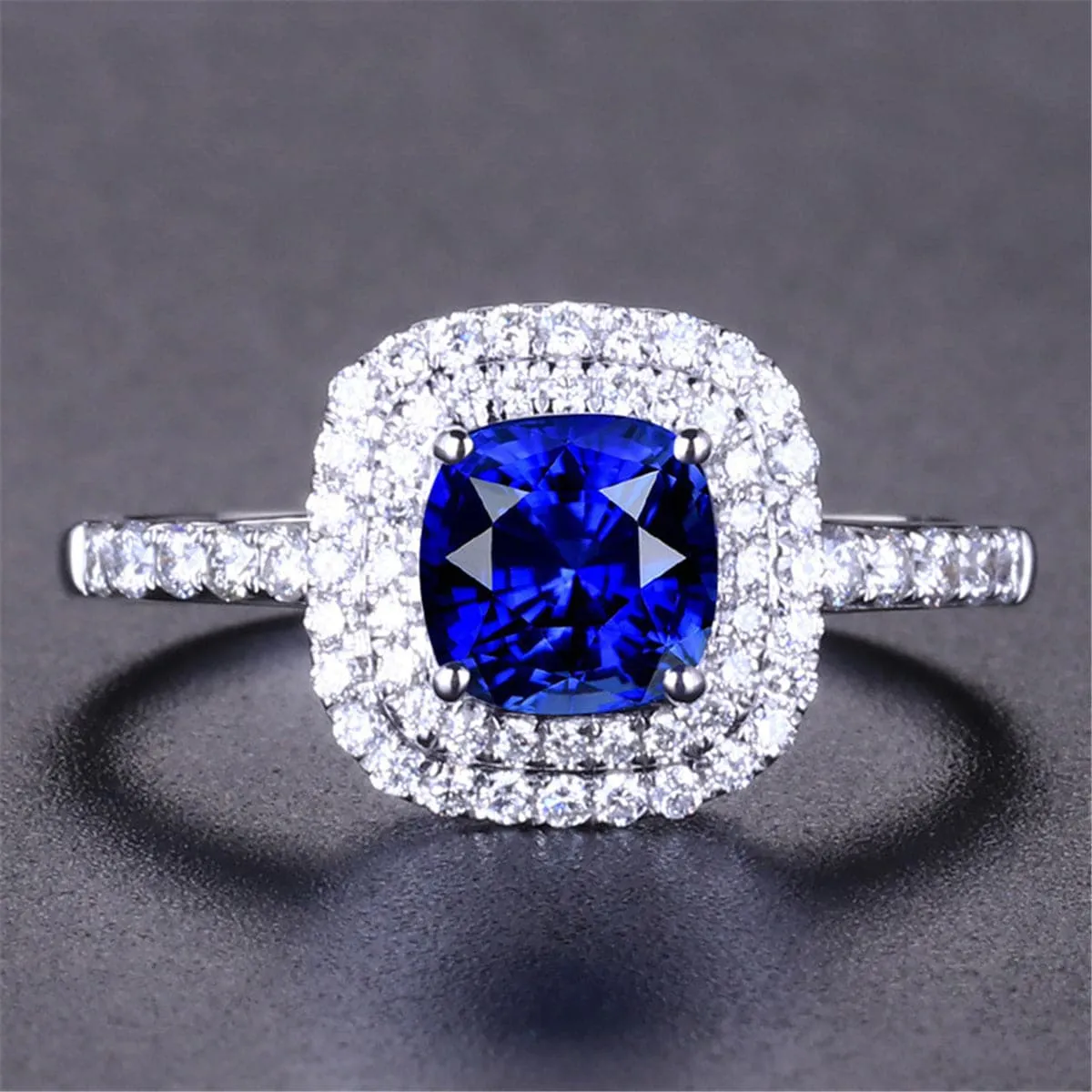 Blue Crystal & Cubic Zirconia Silver-Plated Halo Cushion-Cut Adjustable Ring