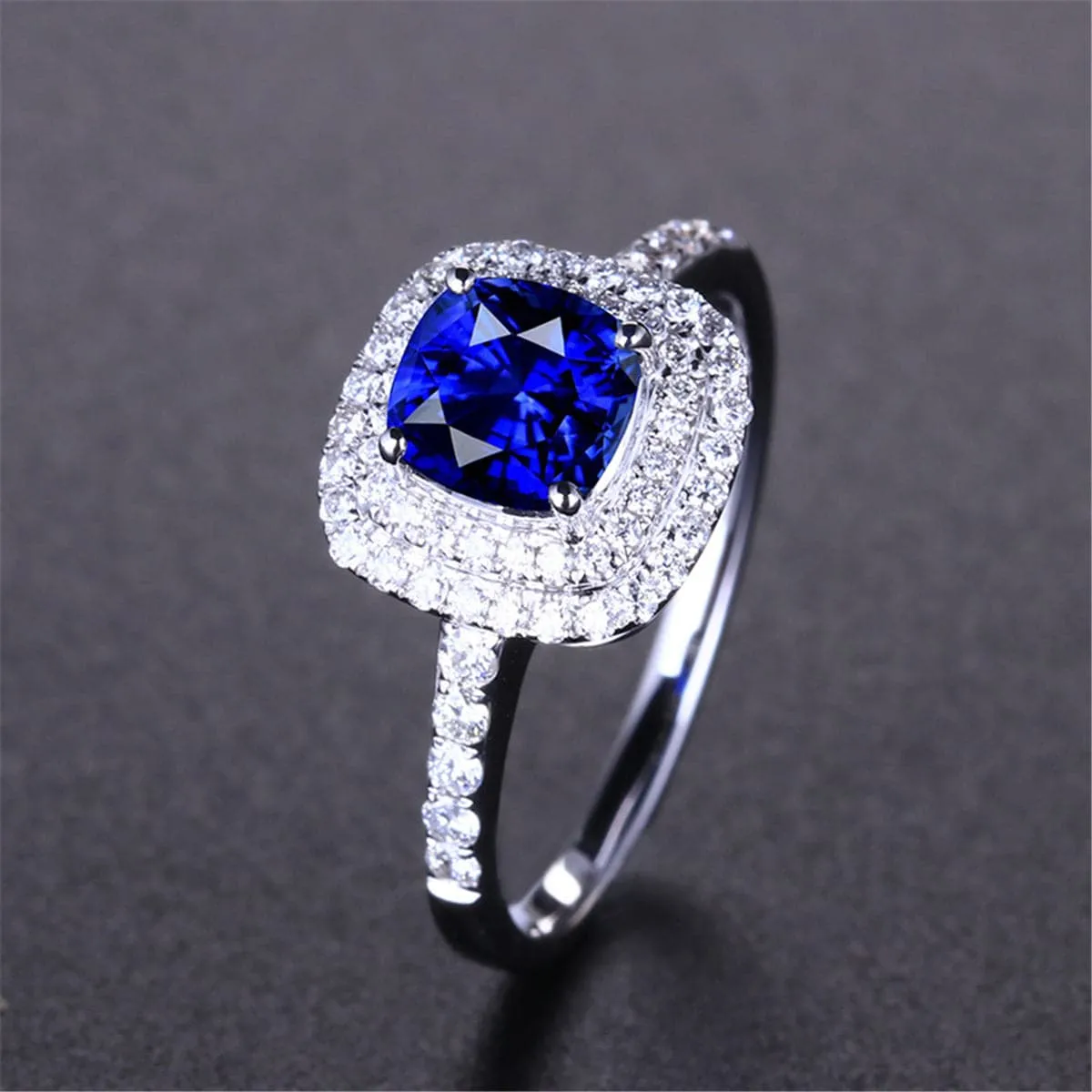 Blue Crystal & Cubic Zirconia Silver-Plated Halo Cushion-Cut Adjustable Ring