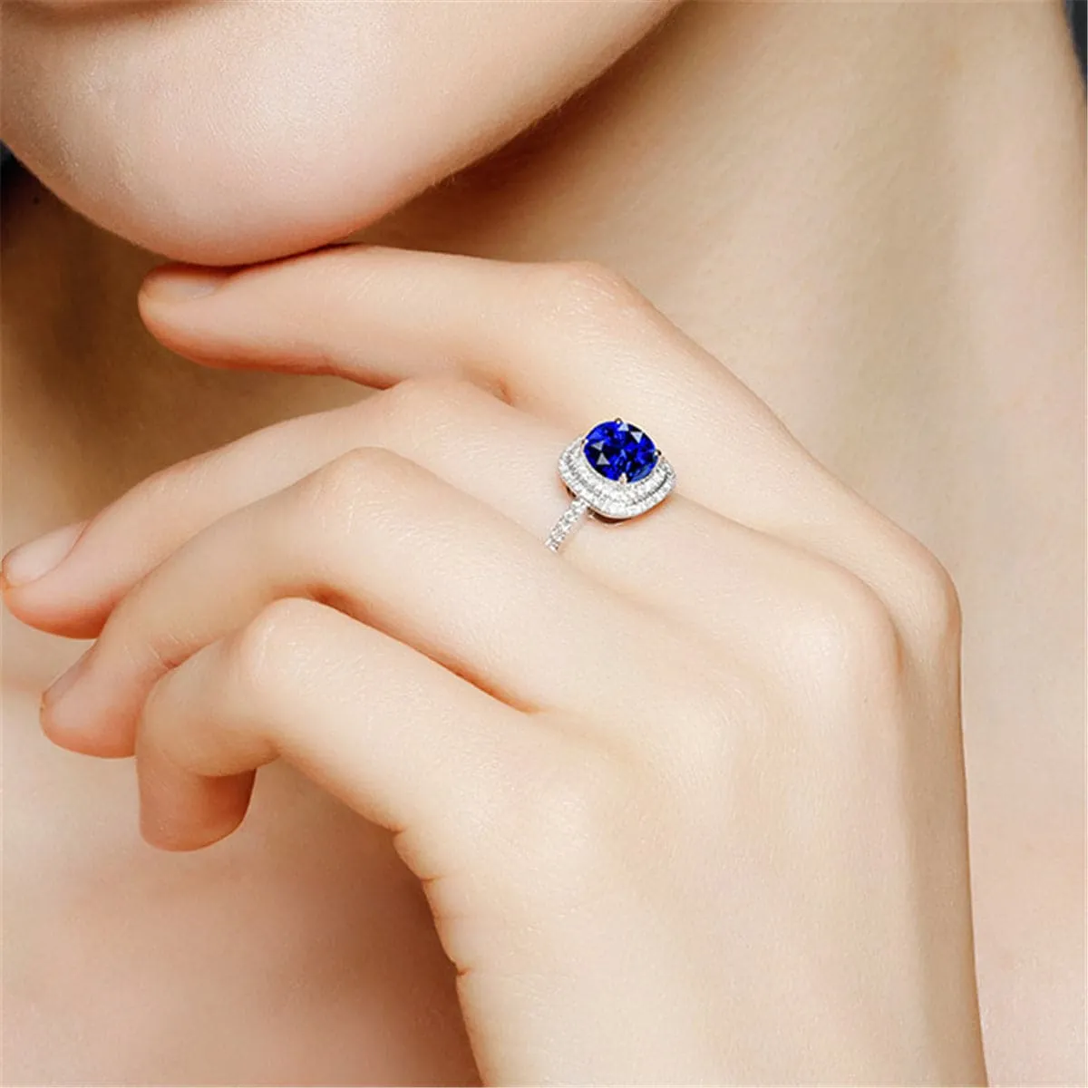 Blue Crystal & Cubic Zirconia Silver-Plated Halo Cushion-Cut Adjustable Ring