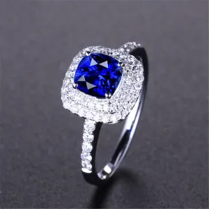 Blue Crystal & Cubic Zirconia Silver-Plated Halo Cushion-Cut Adjustable Ring