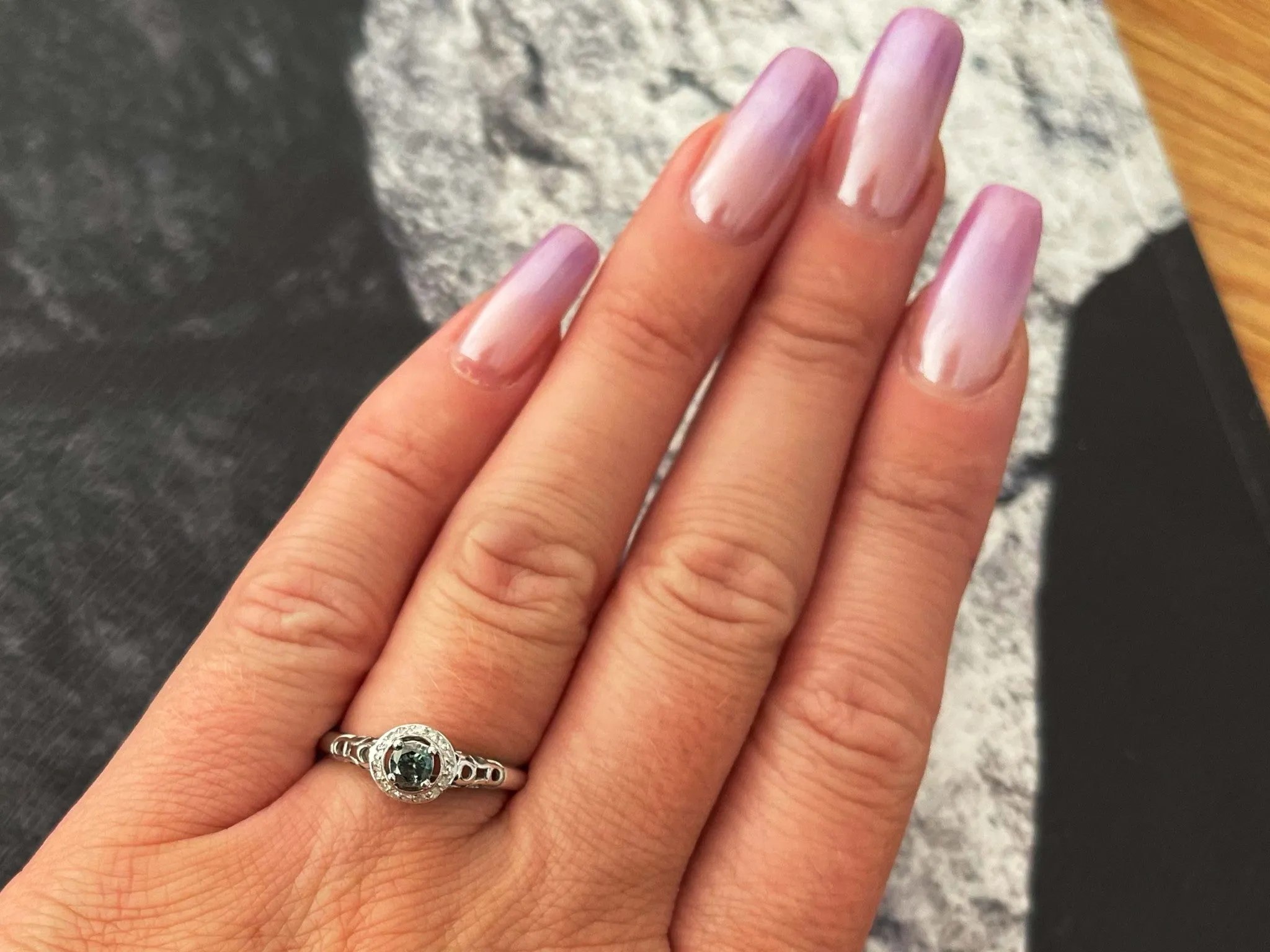Blue Diamond Diamond Halo Ring Solid 14k White Gold