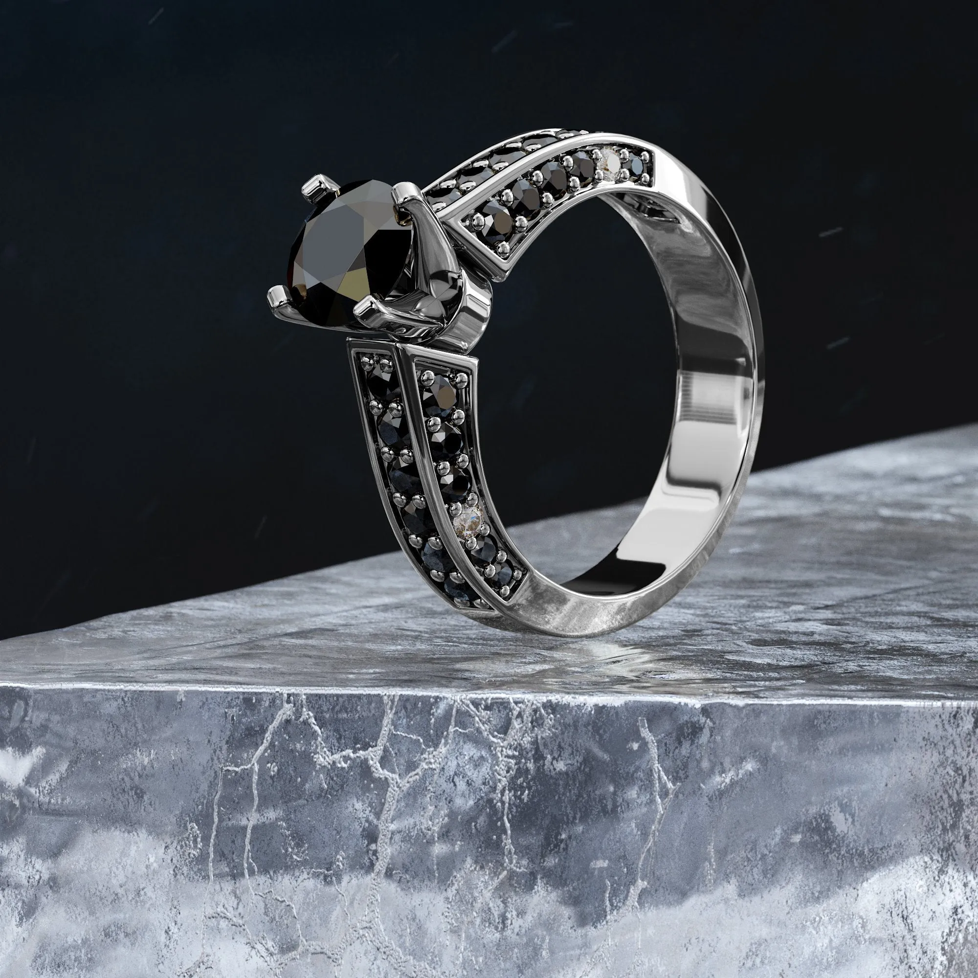 Bow-Tie Art Deco Natural Black & White Round Diamond Ring