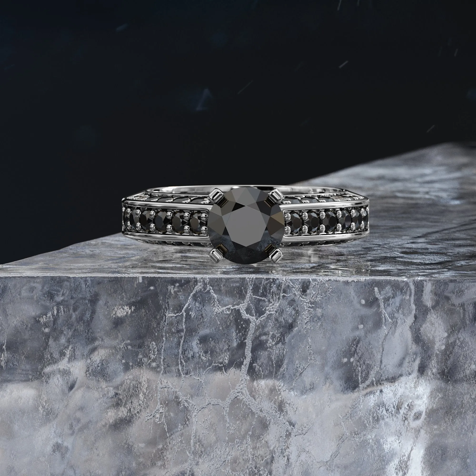 Bow-Tie Art Deco Natural Black & White Round Diamond Ring