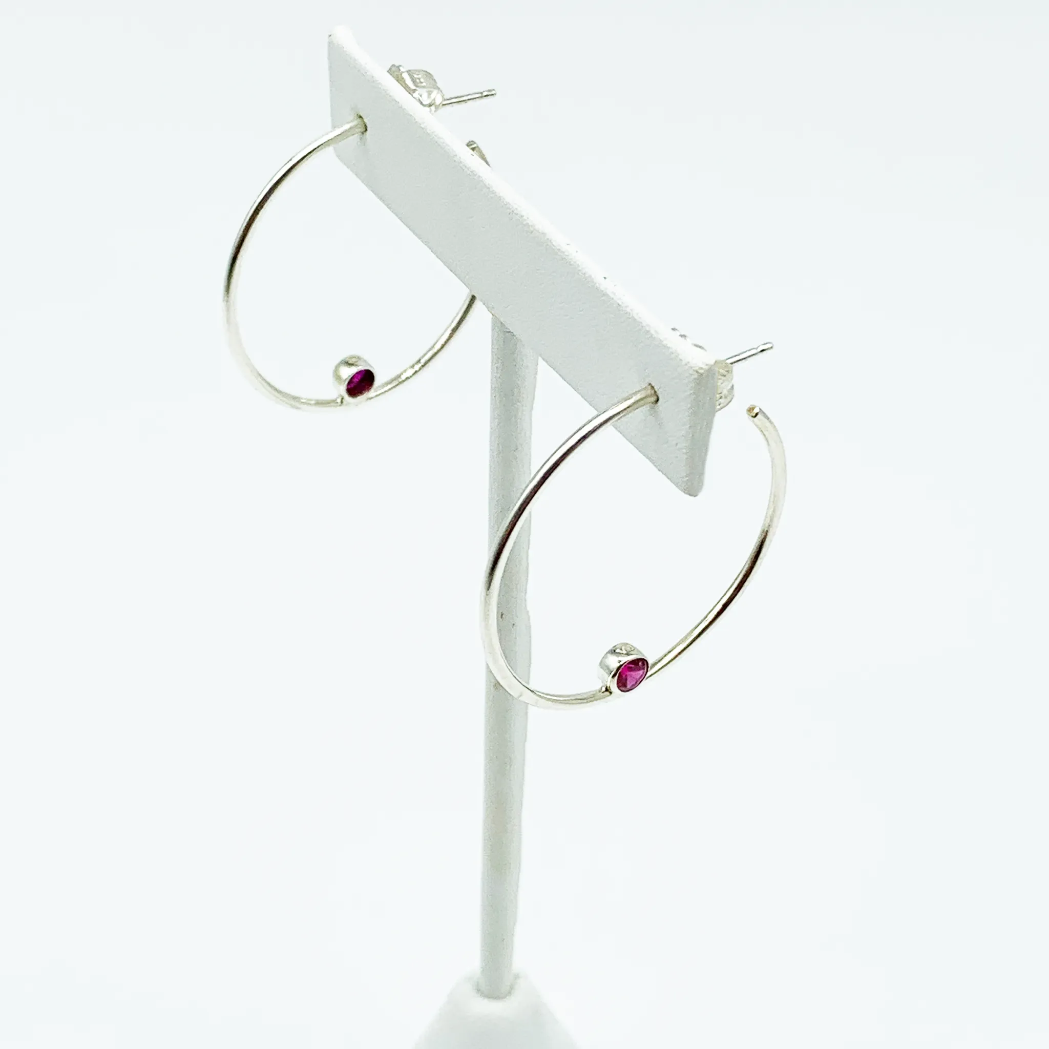 CA Mary Catherine Silver (Rhodium) white gold plated and CZ Ruby Red Diamond Cut Hoop Earrings