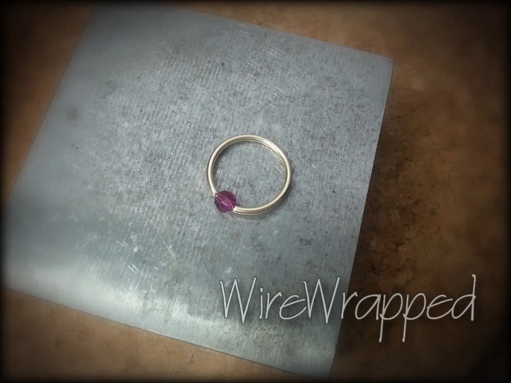 Captive Bead Ring made with 4mm Hot PURPLE AB Swarovski Crystal - 14 ga Hoop - 14k Gold (Y, W, or R), Sterling Silver, or Platinum