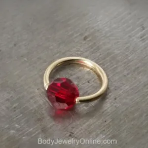 Captive Bead Ring w/ RED Round Swarovski Crystal - 14 ga Hoop - 14k Gold (Y, W, or R), Sterling Silver, or Platinum
