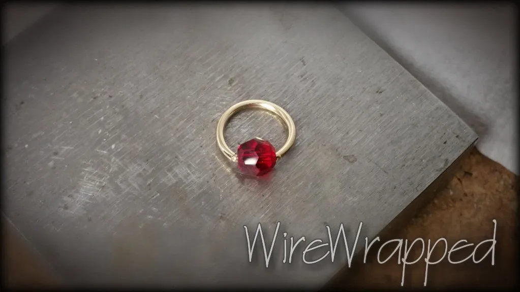 Captive Bead Ring w/ RED Round Swarovski Crystal - 14 ga Hoop - 14k Gold (Y, W, or R), Sterling Silver, or Platinum