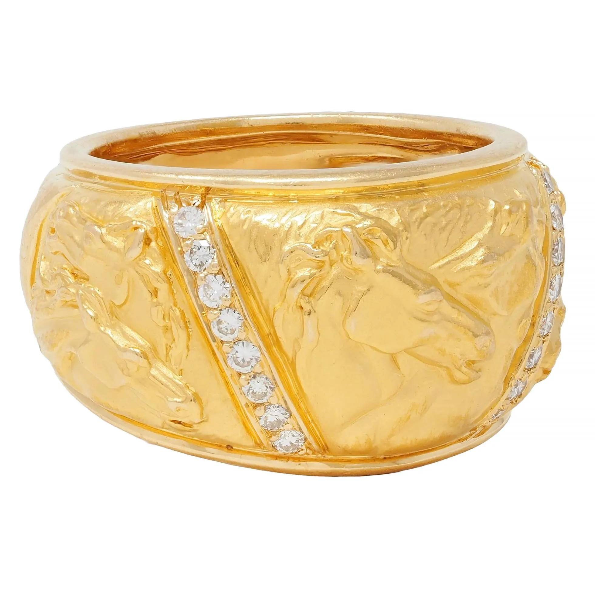 Carrera y Carrera 1990's Diamond 18 Karat Yellow Gold Repoussé Horse Vintage Band Ring